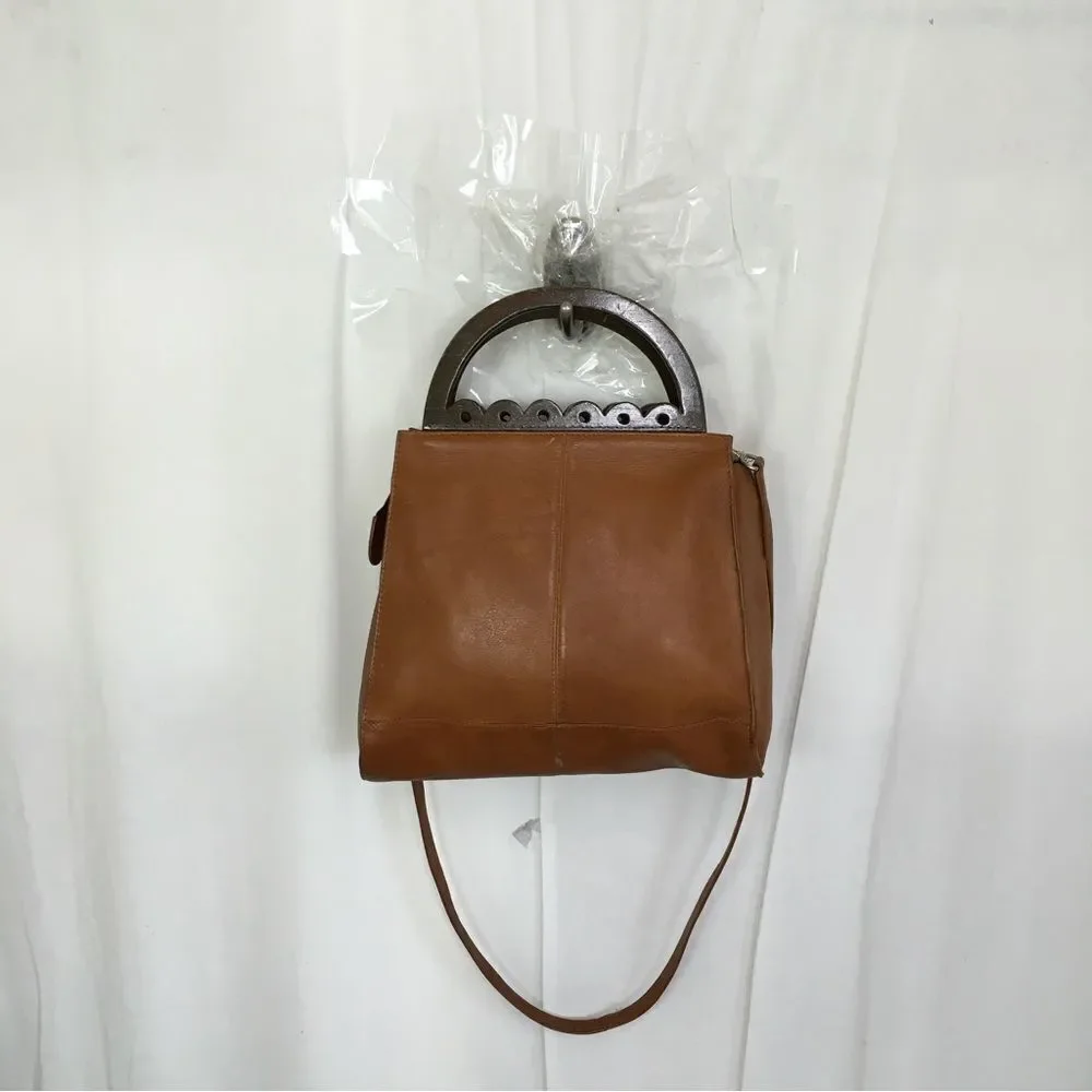 American Angel Womens Genuine Leather Wood Handle Shoulder Crossbody Bag Brown